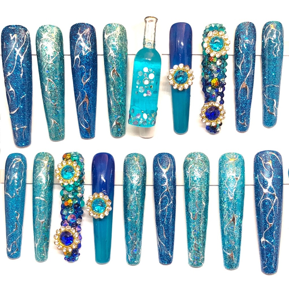Handmade Press On Nails 2X Long Coffin Custom Hypnotic Blue Nails Full S…